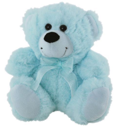 Plush light blue teddy bear wearing a light blue ribbon around the neck