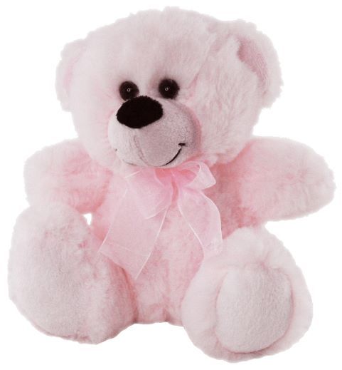 Plush light pink coloured teddy bear wearing a light pink ribbon around the neck