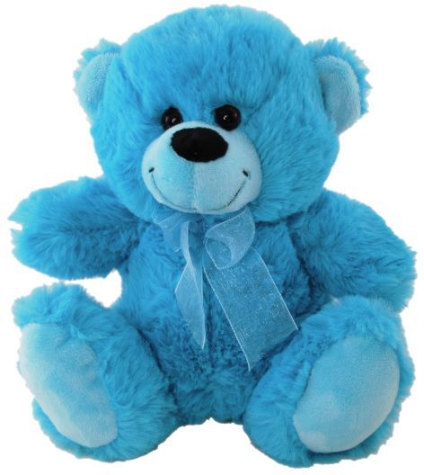 Plush blue coloured teddy bear wearing a blue ribbon around the neck