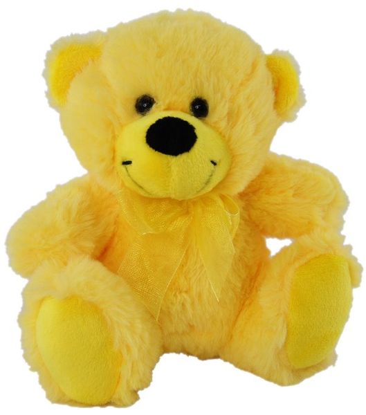 Plush yellow coloured teddy bear wearing a yellow ribbon around the neck