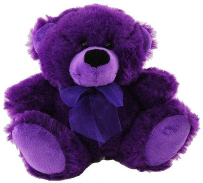 Plush purple coloured teddy bear wearing a purple ribbon around the neck
