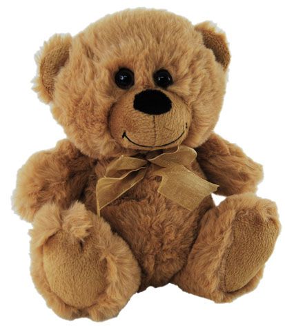 Plush brown coloured teddy bear wearing a brown ribbon around the neck