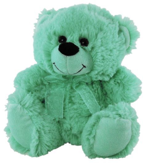 Plush light green coloured teddy bear wearing a light green ribbon around the neck
