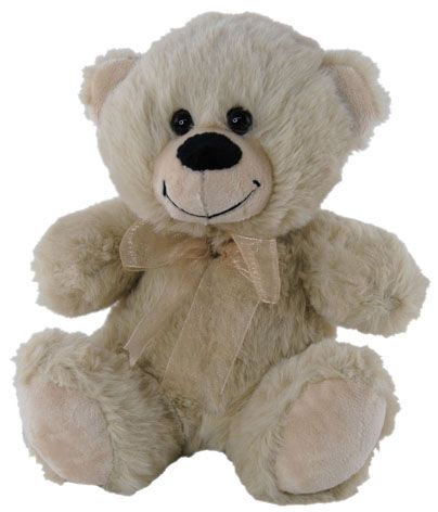 Plush cream coloured teddy bear wearing a light coloured ribbon around the neck