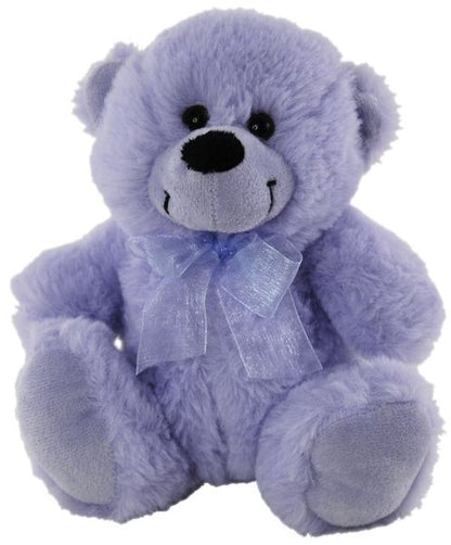 Plush light purple coloured teddy bear wearing a little purple ribbon around the neck
