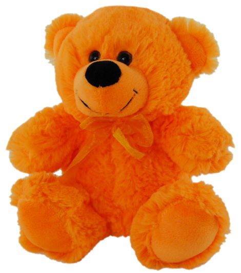 Plush bright orange coloured teddy bear wearing a bright orange ribbon around the neck