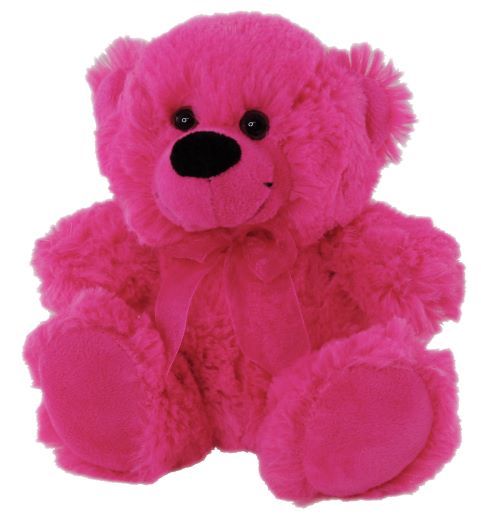 Plush hot pink coloured teddy bear wearing a hot pink ribbon around the neck