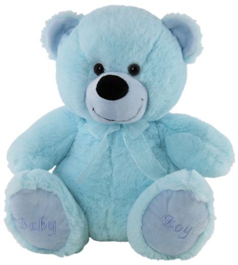 Plush blue teddy bear with a blue ribbon and the words Baby Boy stitched onto the pads of the feet