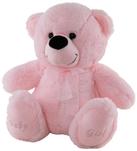Plush pink teddy bear with a pink ribbon and the words Baby Girl stitched onto the pads of the feet