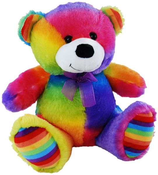 Plush rainbow coloured teddy bear wearing a purple ribbon around the neck
